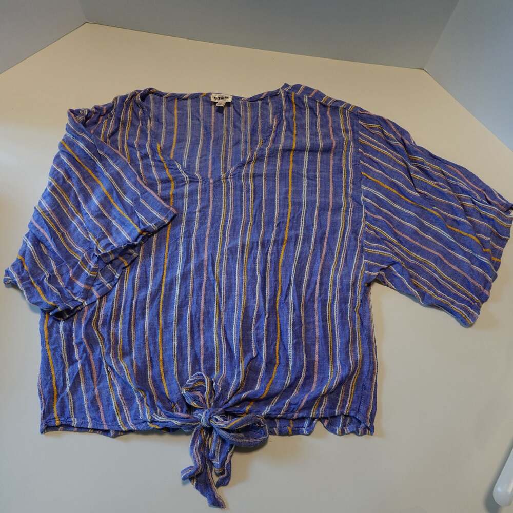 Dizzire Striped V-Neck Tie-Front Casual Blouse